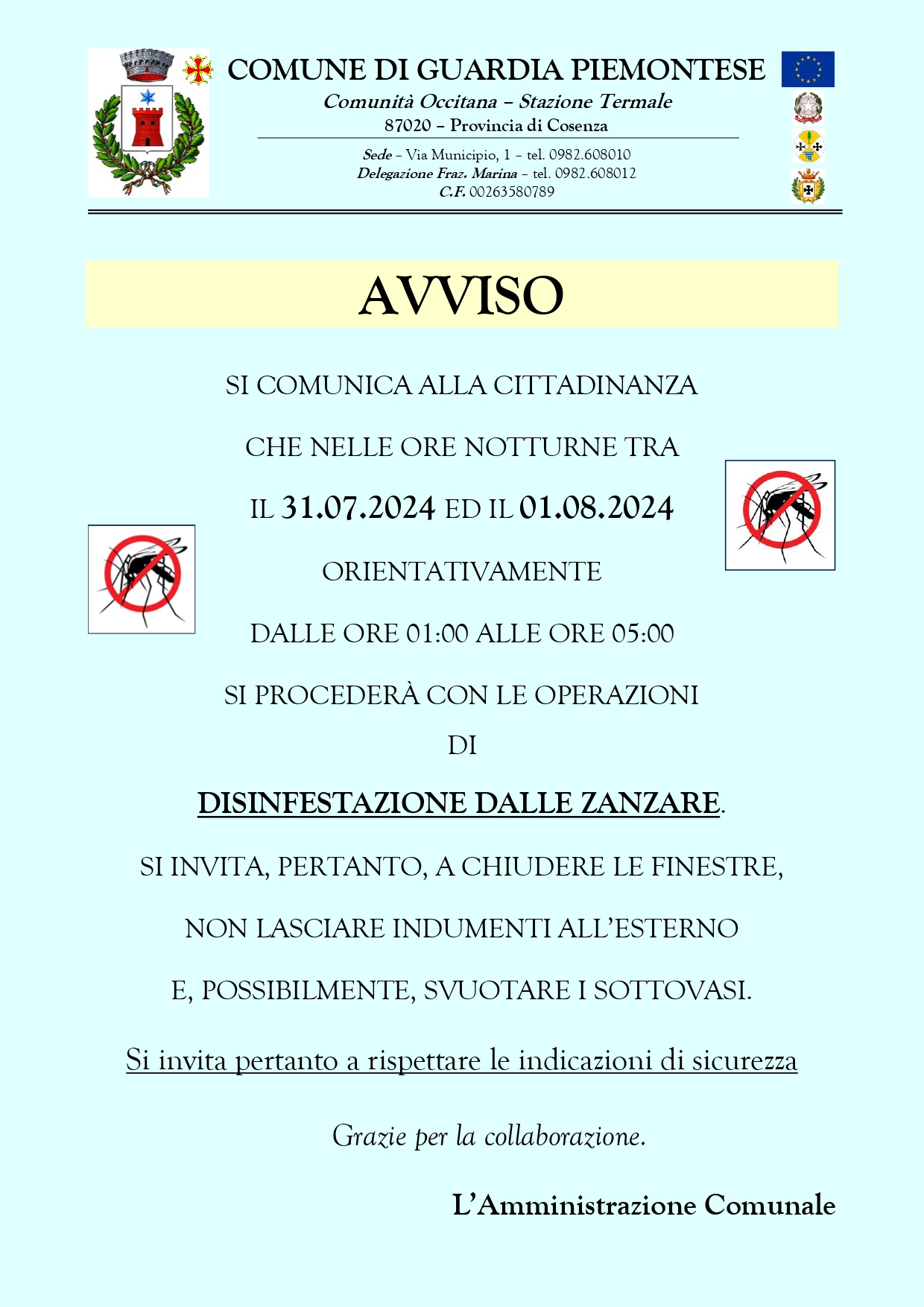 Avviso disinfestazione dalle zanzare